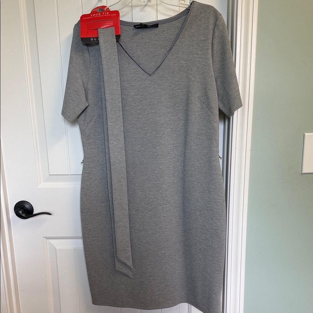 WHBM Gray Dress w/Satin V-Neck and Tie at Waist